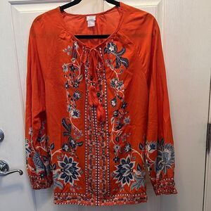 Chico’s Floral Embellished Beaded Orange Women's Blouse, Boho chic, size 1